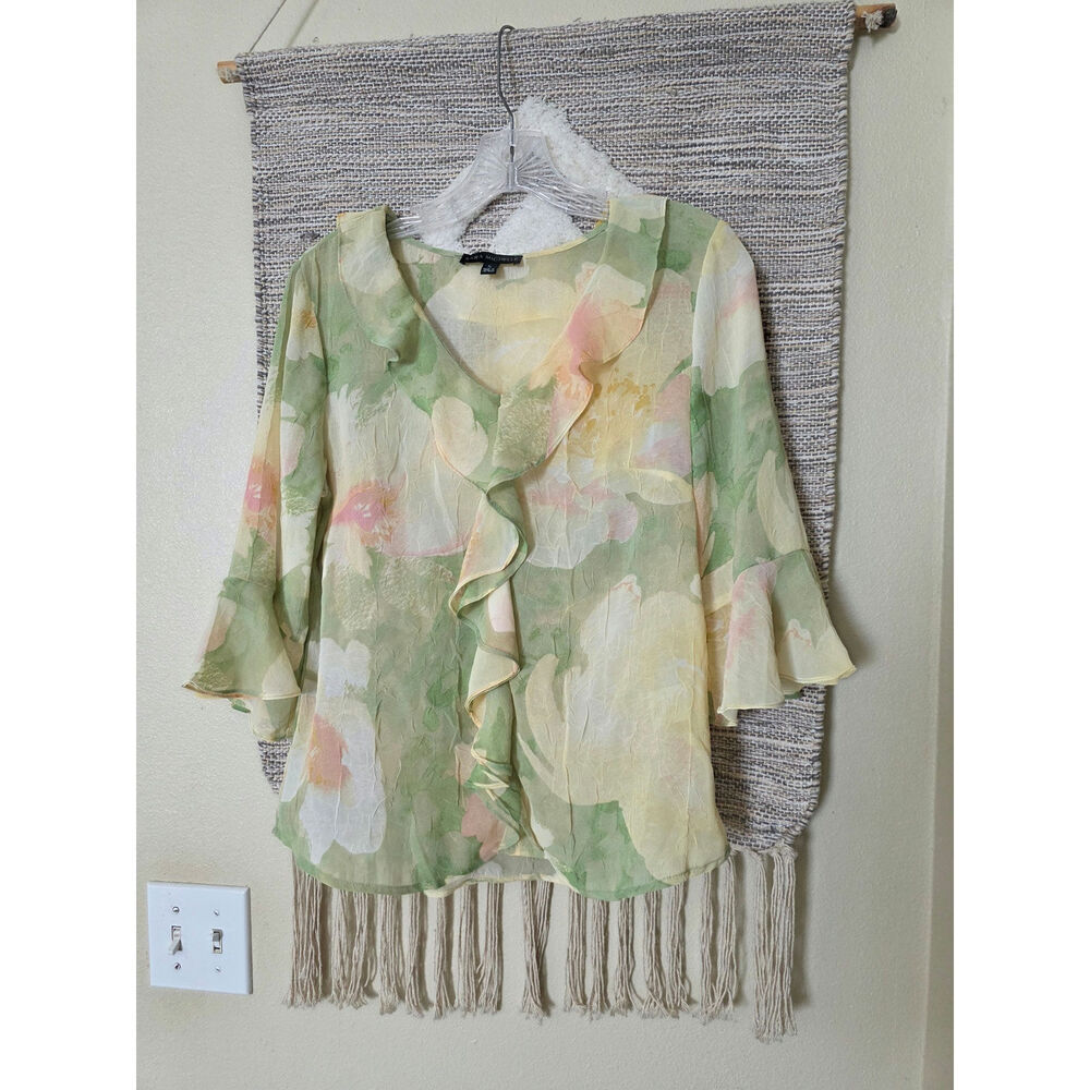NWT Sara Michelle Sheer Floral Blouse Size S Green Pastel Ruffle Front